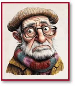 Cartoon illustration of an elderly man with glasses, white beard, and a colorful striped scarf wearing a brown beret.