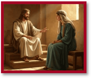 A bearded man in a light robe sits on steps and talks with a woman in a teal dress inside a warm stone room.